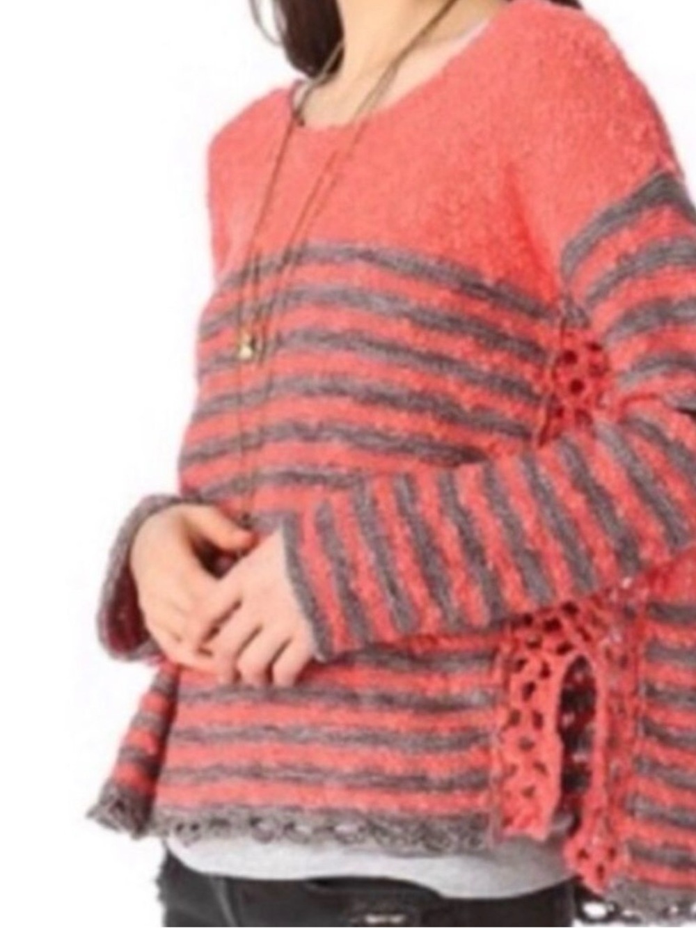 FREE PEOPLE Striped Crochet Pullover Sweater Cozy Coral Gray Stripes knit Small